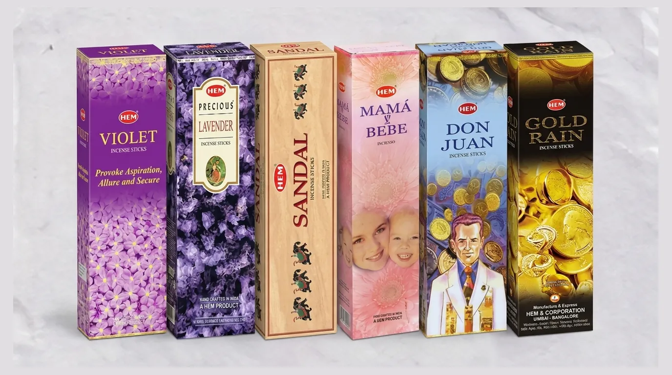 Cajas de incienso HEM hexagonal: Violet, Lavender, Sandal, Mamá y Bebé, Don Juan y Gold Rain